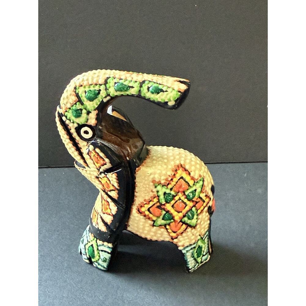 Vtg. Hand Painted Lucky Elephant Carved Trunk Up Punts Cana Souvenir Boho Beachy